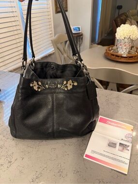Coach Lexy Shoulder Bag in Black Pebbled Leather with Floral Embroidery